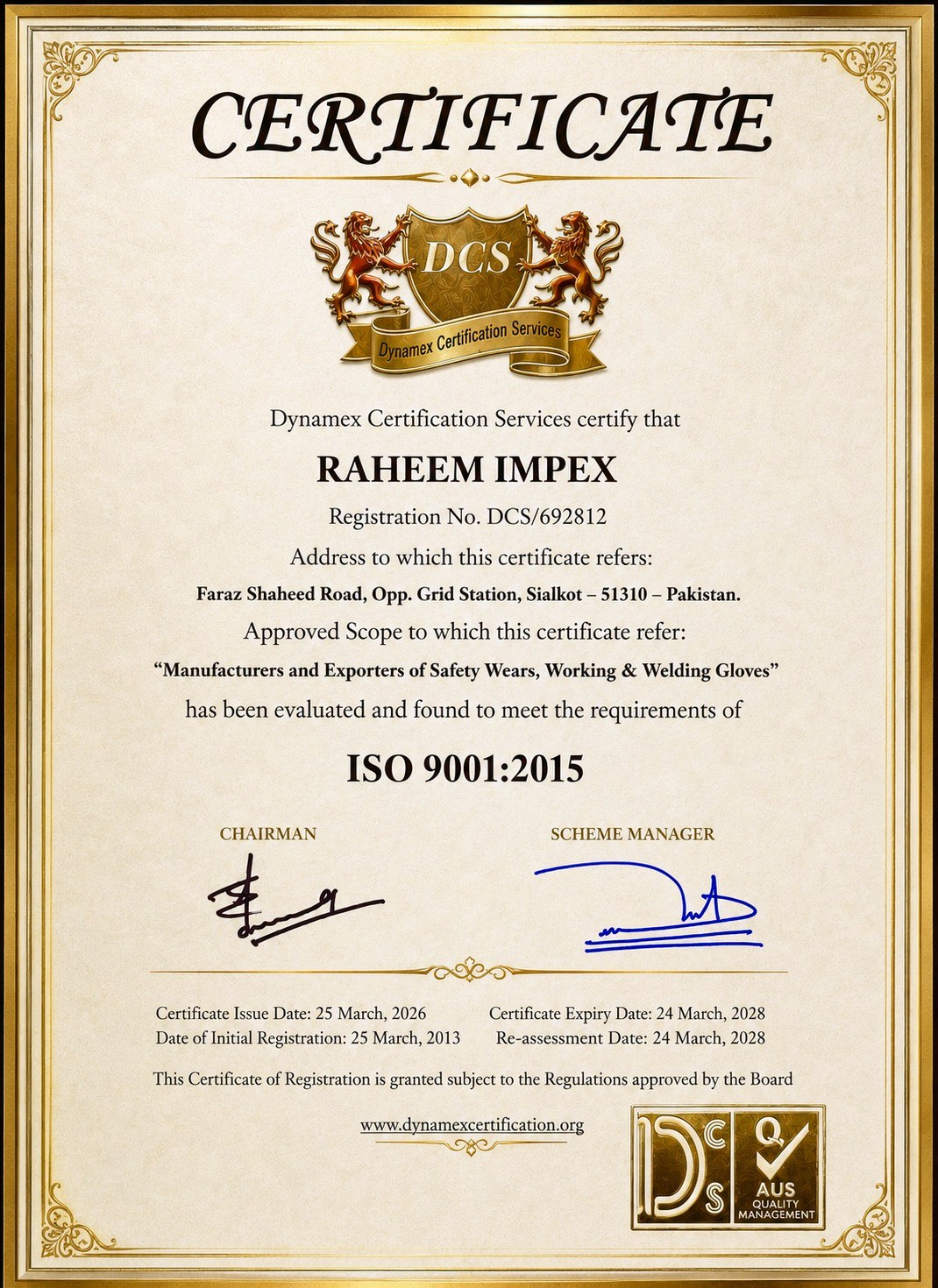 Raheem Impex ISO 9001:2015 certificate